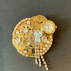 Vintage Gold Steampunk Brooch with Watch and Crystals